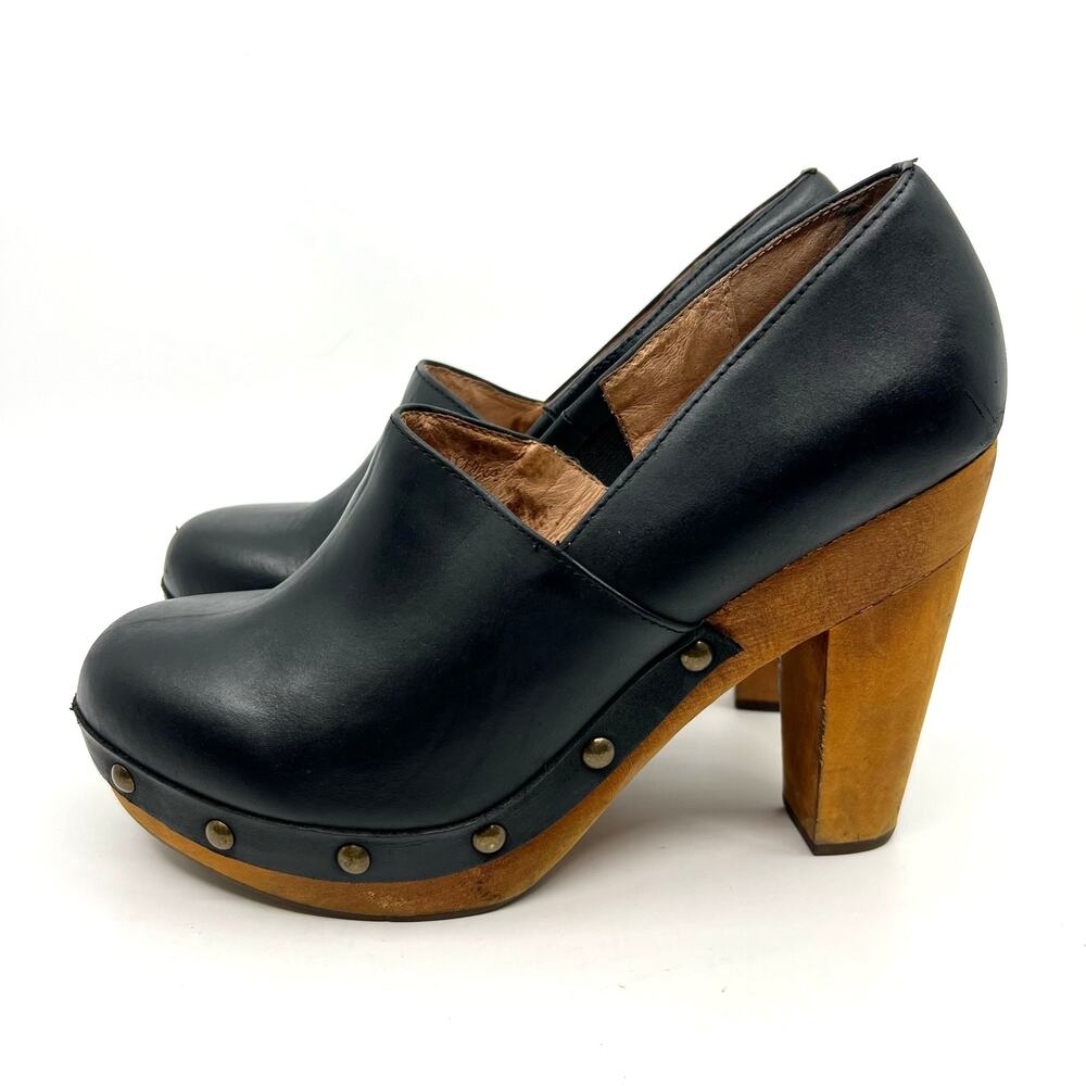 FIEL Leather Studded Block Wood Heel Pumps in Black Women's 7.5 US